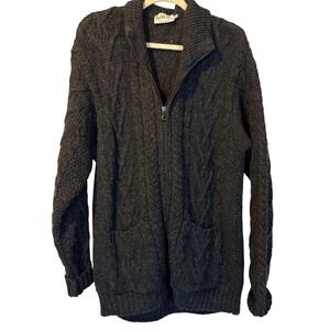 Saol Ireland Womens Merino Wool Cable‎ Knit Zip Up Cardigan Sweater L Fisherman